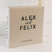Personalisierbares Leinen-Gästebuch/Fotoalbum 25x25 cm | Beige | Hochzeit, Verlobung, Personalisiert mit Namen & Datum