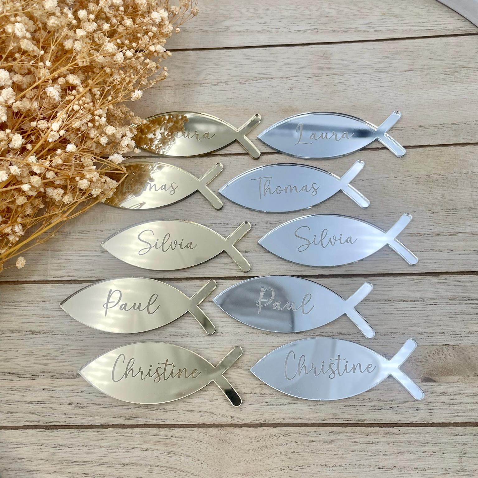 Platzkarte Fisch Taufe Acrylglas Gold & Silber, Namensgravur | Taufdekoration Gastgeschenk Kommunion Konfirmation Platzschild personalisiert