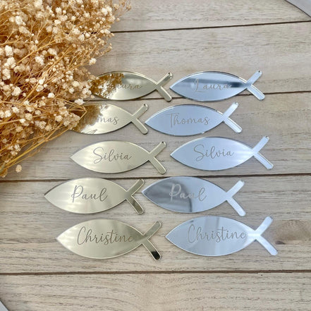 Platzkarte Fisch Taufe Acrylglas Gold & Silber, Namensgravur | Taufdekoration Gastgeschenk Kommunion Konfirmation Platzschild personalisiert