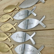 Platzkarte Fisch Taufe Acrylglas Gold & Silber, Namensgravur | Taufdekoration Gastgeschenk Kommunion Konfirmation Platzschild personalisiert