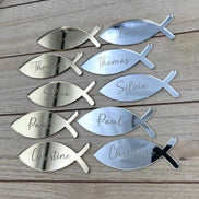Platzkarte Fisch Taufe Acrylglas Gold & Silber, Namensgravur | Taufdekoration Gastgeschenk Kommunion Konfirmation Platzschild personalisiert