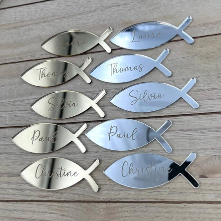 Platzkarte Fisch Taufe Acrylglas Gold & Silber, Namensgravur | Taufdekoration Gastgeschenk Kommunion Konfirmation Platzschild personalisiert