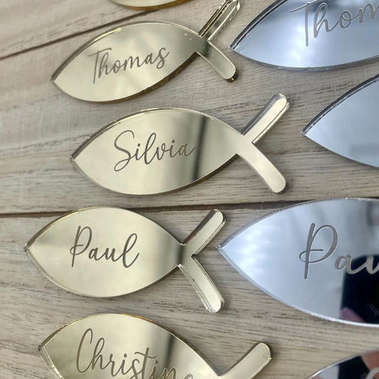 Platzkarte Fisch Taufe Acrylglas Gold & Silber, Namensgravur | Taufdekoration Gastgeschenk Kommunion Konfirmation Platzschild personalisiert
