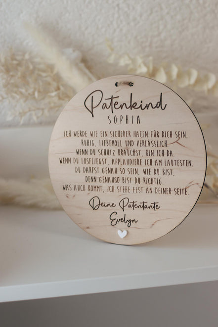 Patenkind Schild personalisiert | Geschenk zur Taufe mit Name, Widmung & Herz | Patentante Patenonkel Taufgeschenk aus Holz