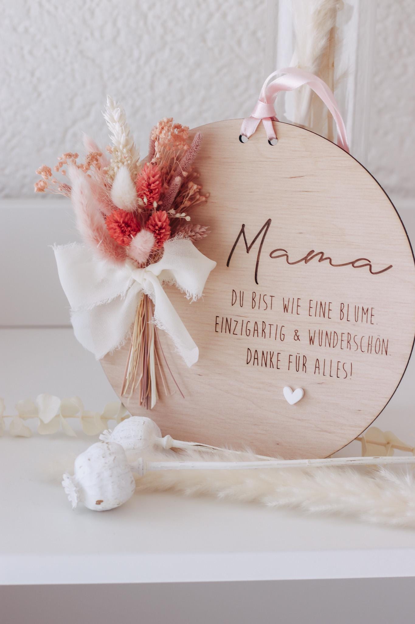 Muttertagsschild Holz | Trockenblumen rosa | Geschenk für Mama | personalisiert | Muttertagsgeschenk | Holzdeko | Beste Mama, Oma, Danke