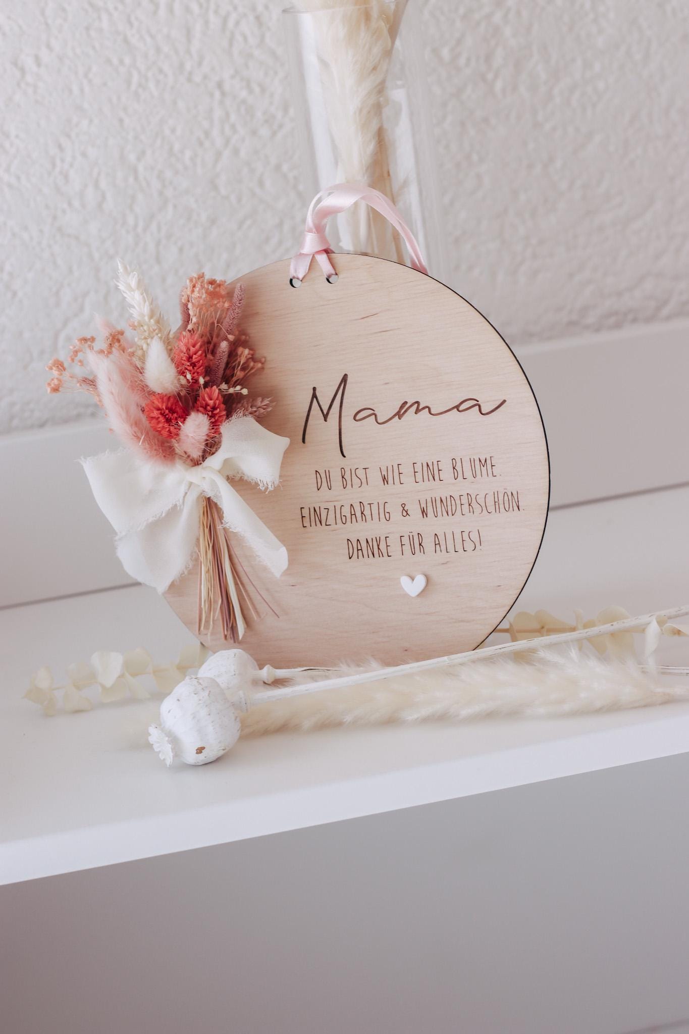 Muttertagsschild Holz | Trockenblumen rosa | Geschenk für Mama | personalisiert | Muttertagsgeschenk | Holzdeko | Beste Mama, Oma, Danke