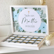 Personalisierte Schokobox Taufe Kommunion mit 24 oder 48 Vollmilch-Schokoladen – Personalisierbar mit Name & Datum – Grün Blau mit Goldkreuz