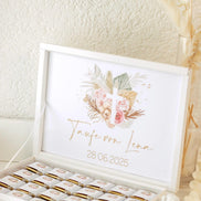 Personalisierte Schokobox Taufe Kommunion mit 24 oder 48 Vollmilch-Schokoladen – Personalisierbar mit Name & Datum – Boho Stil mit Goldkreuz