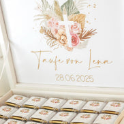 Personalisierte Schokobox Taufe Kommunion mit 24 oder 48 Vollmilch-Schokoladen – Personalisierbar mit Name & Datum – Boho Stil mit Goldkreuz