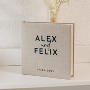 Personalisierbares Leinen-Gästebuch/Fotoalbum 25x25 cm | Beige | Hochzeit, Verlobung, Personalisiert mit Namen & Datum