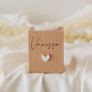 Personalisiertes Gastgeschenk /Platzkarte Hochzeit - Teelichthalter - Kerzenhalter - Tischdeko Hochzeit, Buchenholz, 3D Acrylherz, Graviert