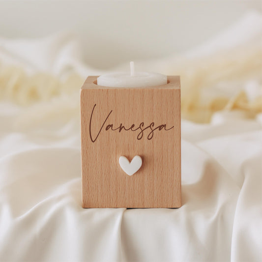 Personalisiertes Gastgeschenk /Platzkarte Hochzeit - Teelichthalter - Kerzenhalter - Tischdeko Hochzeit, Buchenholz, 3D Acrylherz, Graviert