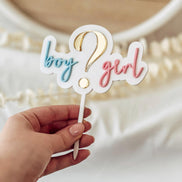 3D Gender Reveal Caketopper | Boy oder Girl? | Acryl Tortenstecker in Weiß, Blau, Gold & Rosa | Babyshower Deko | Fragezeichen Topper