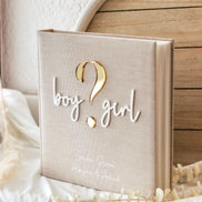 Gender Reveal Gästebuch/Fotoalbum personalisiert | Minimalistisches Fotoalbum mit Acryl Schriftzug | Leinen Beige | 60 Seiten
