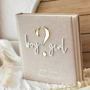 Gender Reveal Gästebuch/Fotoalbum personalisiert | Minimalistisches Fotoalbum mit Acryl Schriftzug | Leinen Beige | 60 Seiten
