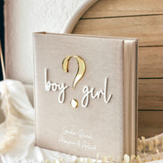 Gender Reveal Gästebuch/Fotoalbum personalisiert | Minimalistisches Fotoalbum mit Acryl Schriftzug | Leinen Beige | 60 Seiten