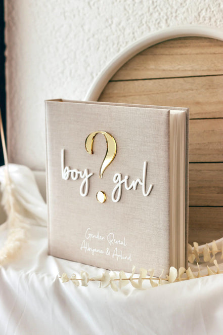 Gender Reveal Gästebuch/Fotoalbum personalisiert | Minimalistisches Fotoalbum mit Acryl Schriftzug | Leinen Beige | 60 Seiten