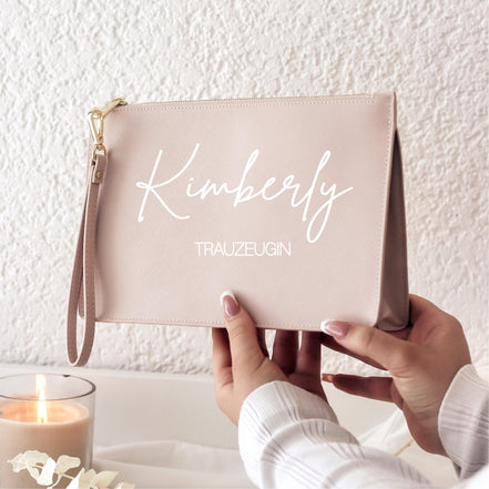 Personalisierte Kosmetiktasche Trauzeugin/Brautjungfer – Name in Schreibschrift & Rolle in Druckschrift, Team Braut Geschenk, Altrosa Gold