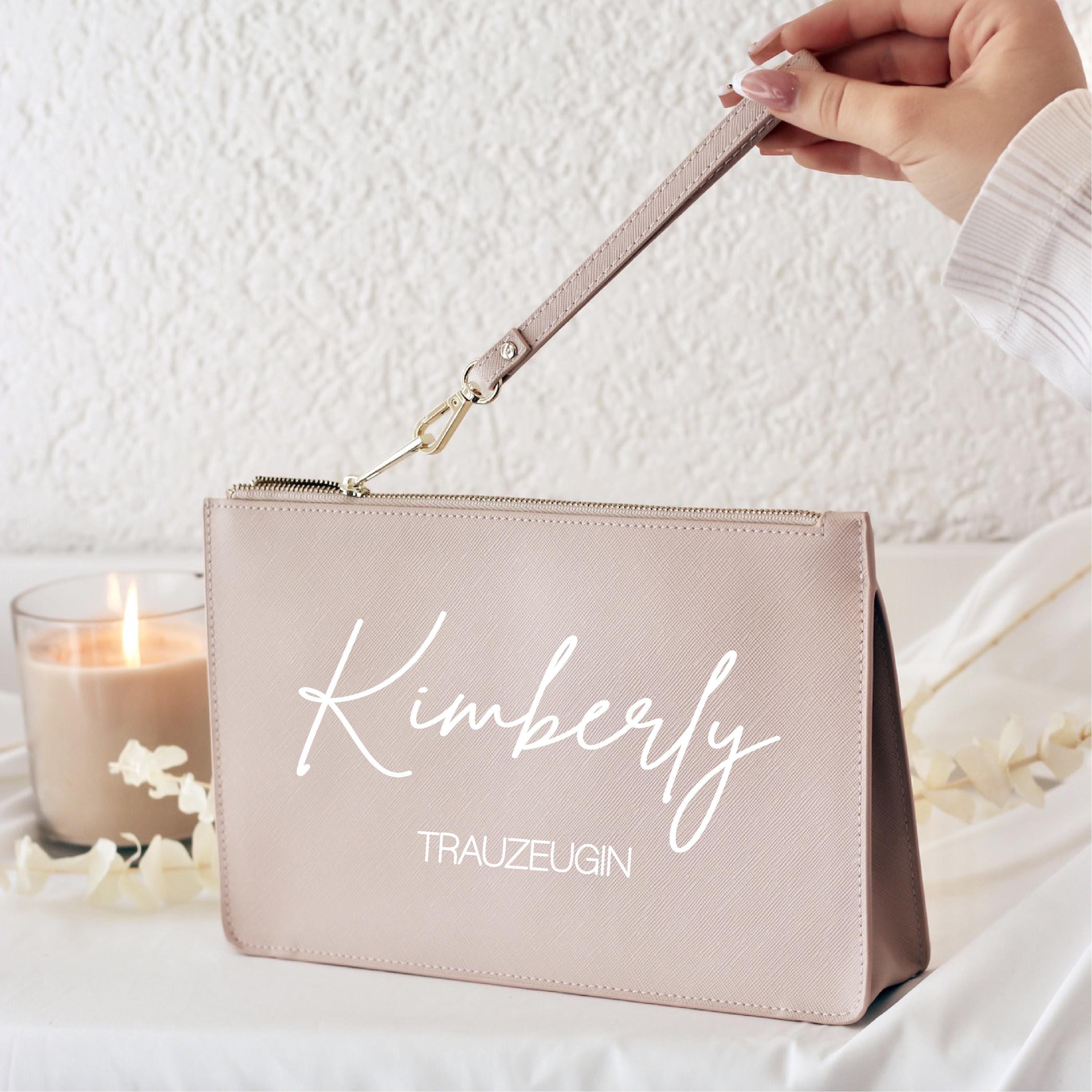 Personalisierte Kosmetiktasche Trauzeugin/Brautjungfer – Name in Schreibschrift & Rolle in Druckschrift, Team Braut Geschenk, Altrosa Gold