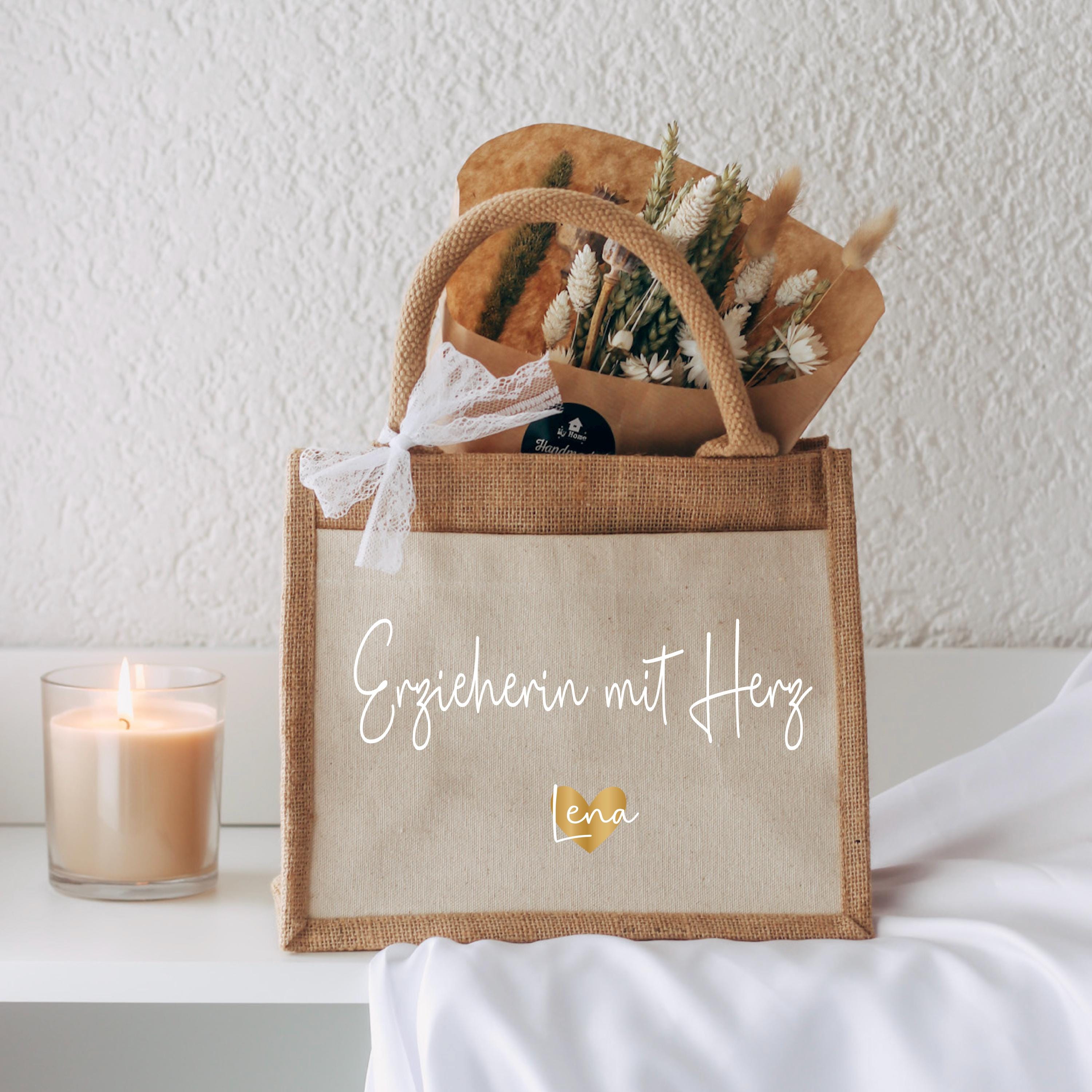 Personalisierte Jutetasche „Erzieherin mit Herz“ – Abschiedsgeschenk für Kita, Geschenk Erzieherin, Tasche mit Namen & Herz, Danke Geschenk
