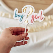 3D Gender Reveal Caketopper | Boy oder Girl? | Acryl Tortenstecker in Weiß, Blau, Gold & Rosa | Babyshower Deko | Fragezeichen Topper