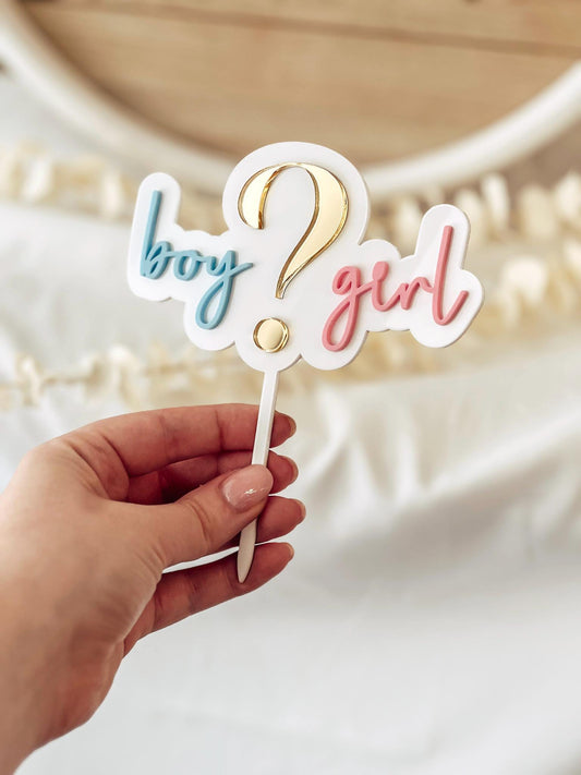 3D Gender Reveal Caketopper | Boy oder Girl? | Acryl Tortenstecker in Weiß, Blau, Gold & Rosa | Babyshower Deko | Fragezeichen Topper
