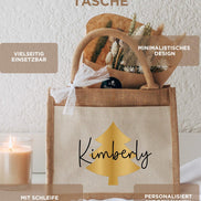 Personalisierte Jutetasche Weihnachten – Goldener Tannenbaum, Tasche mit Name & Schleife, Geschenk Weihnachten, Wichtelgeschenk, Nikolaus