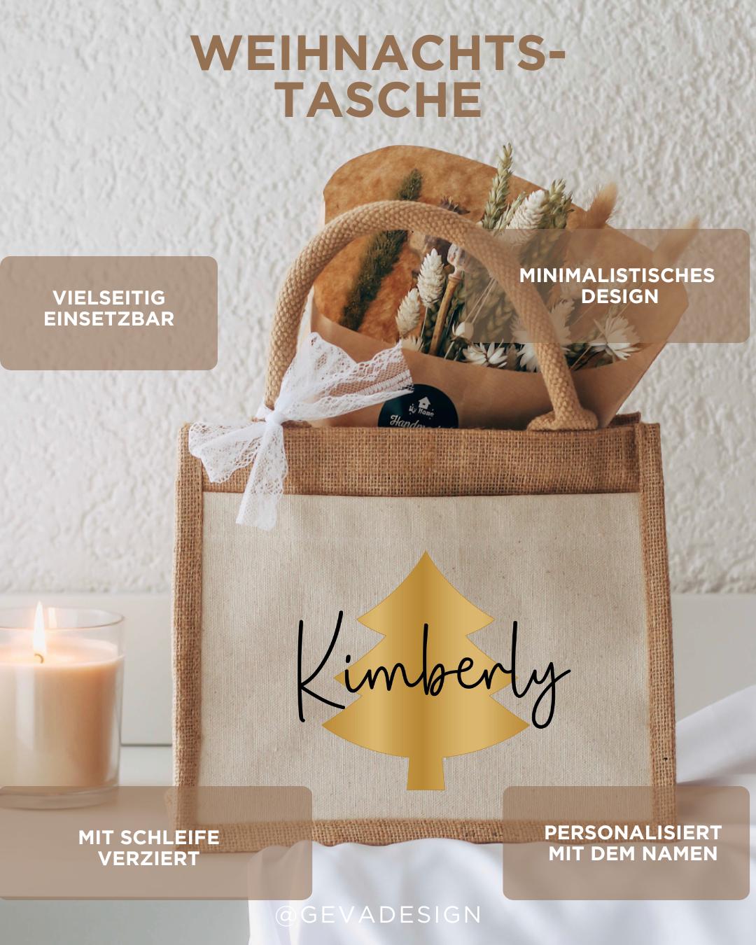 Personalisierte Jutetasche Weihnachten – Goldener Tannenbaum, Tasche mit Name & Schleife, Geschenk Weihnachten, Wichtelgeschenk, Nikolaus