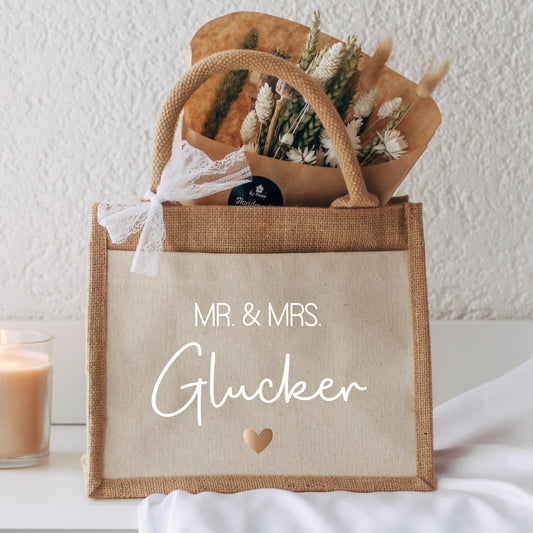 Personalisierte Jutetasche Hochzeit – Mr u. Mrs / Mr u. Mr / Mrs u. Mrs, Tasche mit Nachname & Herz, Geschenk Brautpaar
