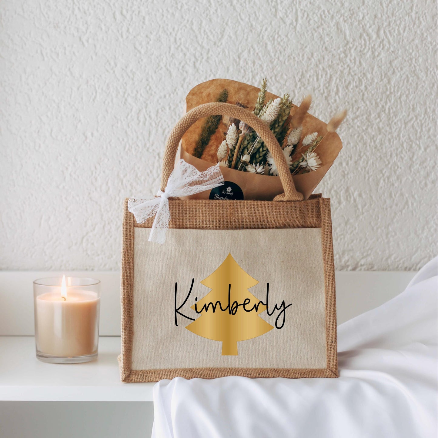 Personalisierte Jutetasche Weihnachten – Goldener Tannenbaum, Tasche mit Name & Schleife, Geschenk Weihnachten, Wichtelgeschenk, Nikolaus
