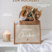 Personalisierte Jutetasche Hochzeit – Mr u. Mrs / Mr u. Mr / Mrs u. Mrs, Tasche mit Nachname & Herz, Geschenk Brautpaar