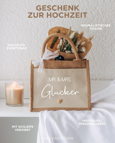 Personalisierte Jutetasche Hochzeit – Mr u. Mrs / Mr u. Mr / Mrs u. Mrs, Tasche mit Nachname & Herz, Geschenk Brautpaar