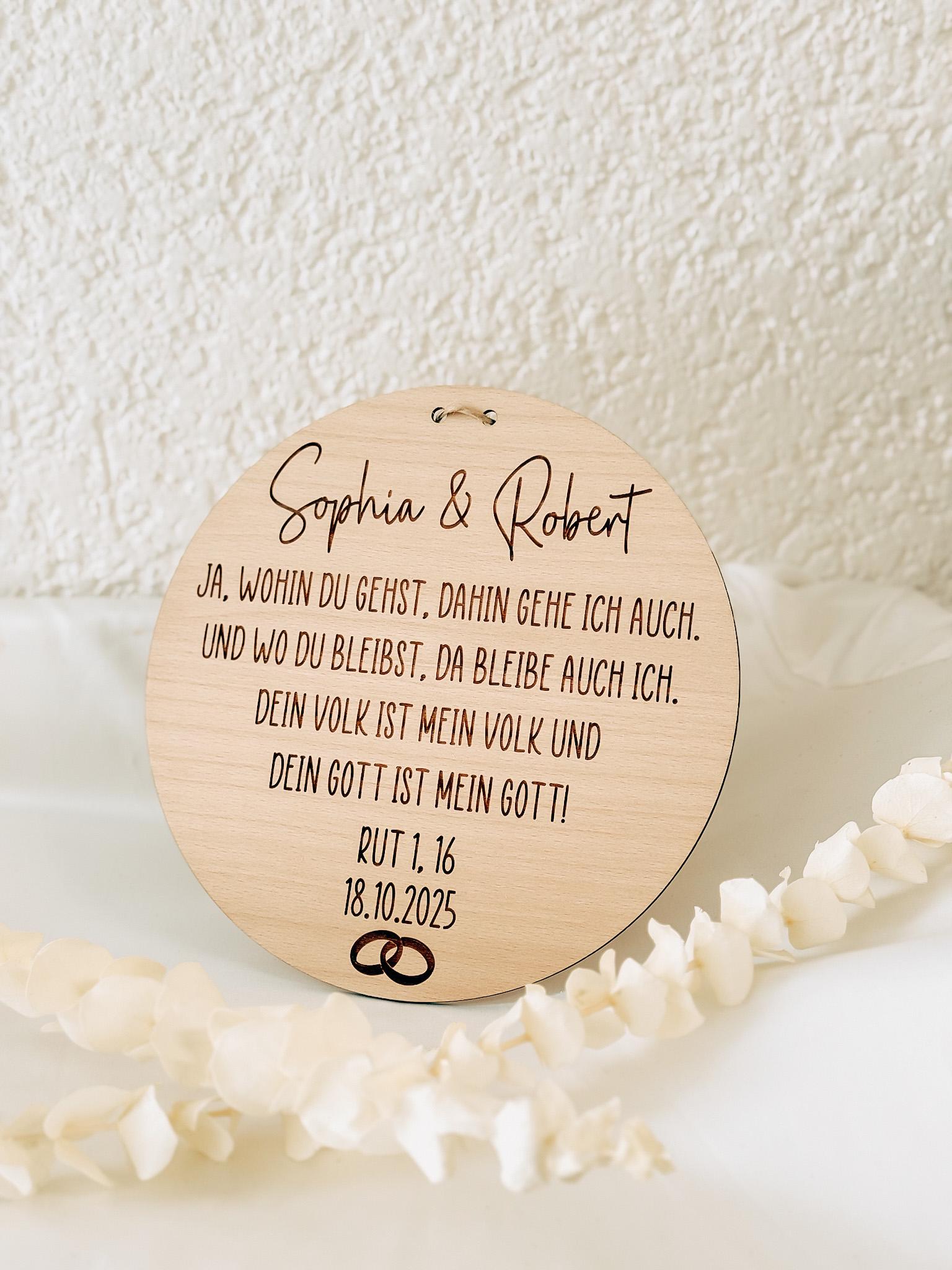 Christliches Hochzeitsschild aus Holz – Buchenholz 20 cm – Bibelvers Rut 1,16 – Personalisiertes Ehegeschenk mit Namen, Datum & Ringen, Holz