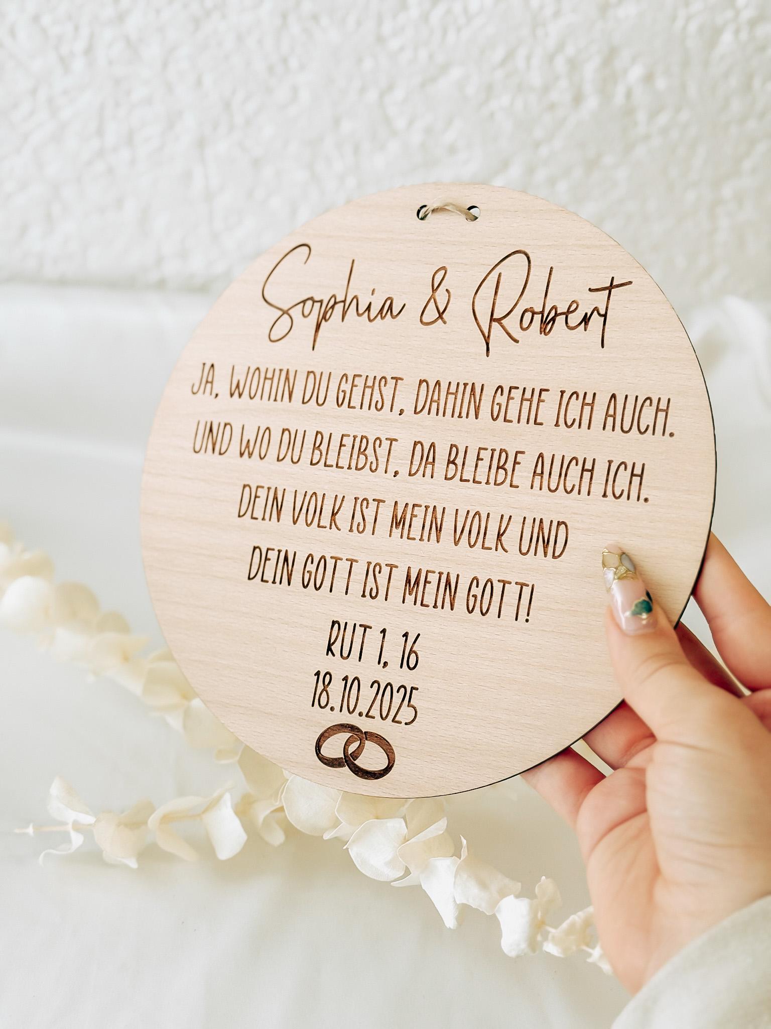 Christliches Hochzeitsschild aus Holz – Buchenholz 20 cm – Bibelvers Rut 1,16 – Personalisiertes Ehegeschenk mit Namen, Datum & Ringen, Holz