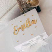 Luxuriöse Weihnachtsgeschenkbox mit Name in Gold – personalisierte Geschenkverpackung mit 3D Effekt & Schleife – edle Box Weihnachten