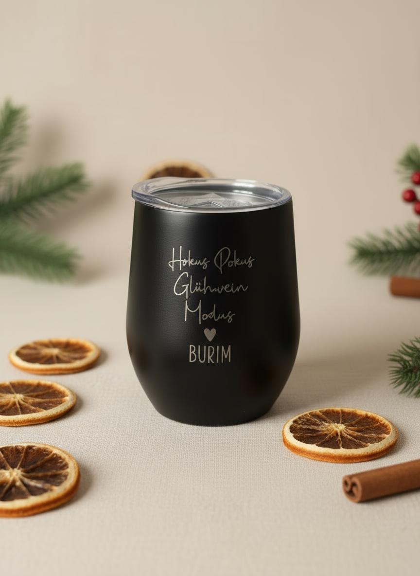 Personalisierter Glühwein Thermobecher mit Gravur, HokusPokus Glühwein Modus, Edelstahlbecher Geschenkidee Weihnachten, Mitarbeiter Geschenk