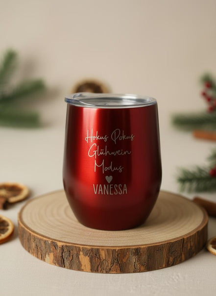 Personalisierter Glühwein Thermobecher mit Gravur, HokusPokus Glühwein Modus, Edelstahlbecher Geschenkidee Weihnachten, Mitarbeiter Geschenk
