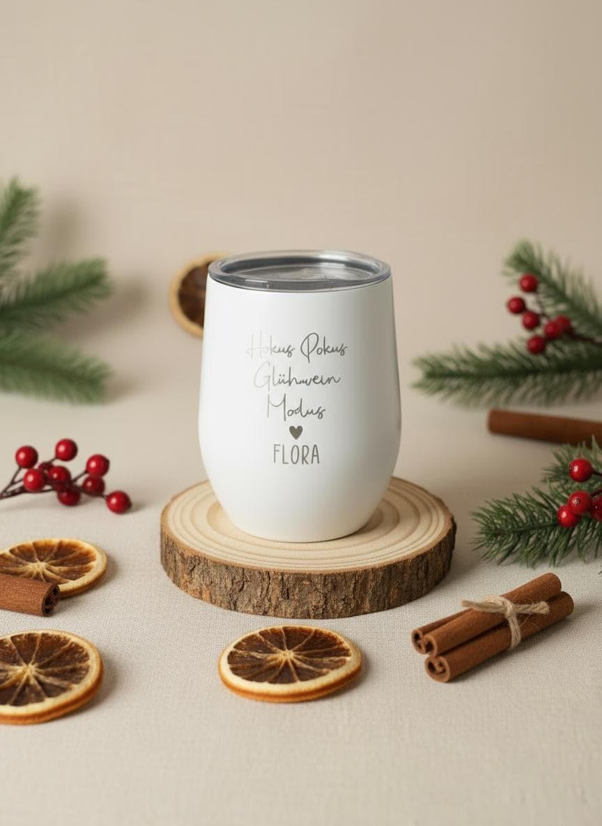 Personalisierter Glühwein Thermobecher mit Gravur, HokusPokus Glühwein Modus, Edelstahlbecher Geschenkidee Weihnachten, Mitarbeiter Geschenk