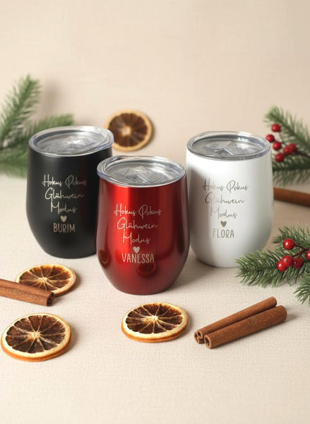 Personalisierter Glühwein Thermobecher mit Gravur, HokusPokus Glühwein Modus, Edelstahlbecher Geschenkidee Weihnachten, Mitarbeiter Geschenk