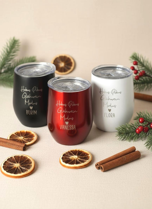 Personalisierter Glühwein Thermobecher mit Gravur, HokusPokus Glühwein Modus, Edelstahlbecher Geschenkidee Weihnachten, Mitarbeiter Geschenk