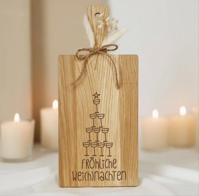 Holzbrett Eiche Weihnachten • Champagnerbaum Grafik • „Fröhliche Weihnachten“ • Deko Brett Xmas • Geschenk Weihnachten Küche