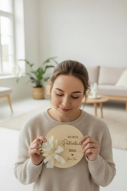 Geschenk für Patentante/Patenonkel mit Name und Herz – personalisiertes Holzschild mit Trockenblumen & Namen des Patenkindes, Taufgeschenk