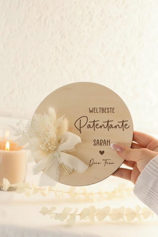 Geschenk für Patentante/Patenonkel mit Name und Herz – personalisiertes Holzschild mit Trockenblumen & Namen des Patenkindes, Taufgeschenk