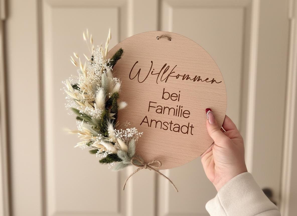 Willkommensschild Holz mit Trockenblumen | Personalisiertes Türschild Familie | Geschenk Einzug | Holzschild graviert