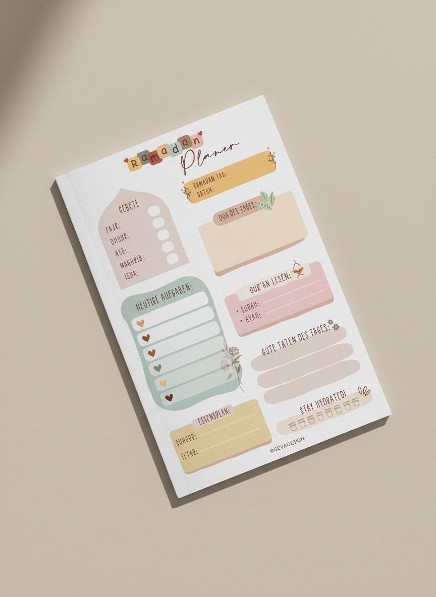 Ramadan Planer A5 Block deutsch – 50 Seiten Gebet & Qurʾan Tracker – Ramadan Tagesplaner für Fasten, Iftar, Achtsamkeit, Ramadan To do List