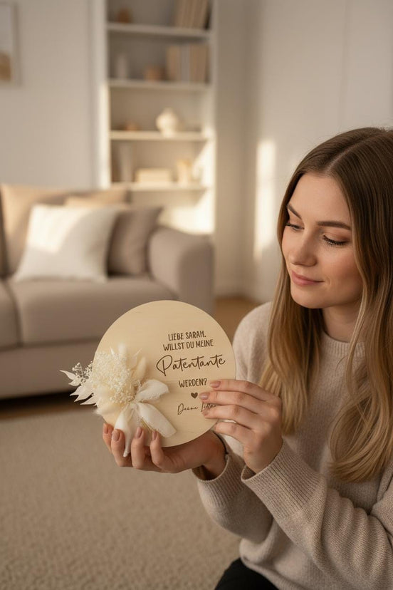 Willst du mein/e Patentante/Patenonkel werden? – personalisiertes Geschenk mit Name & Herz – Patenanfrage Holzschild mit Trockenblumen