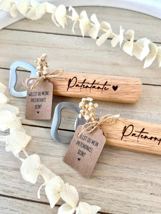 Holz Flaschenöffner Patentante oder Patenonkel – Willst du meine Patentante sein? – Personalisiertes Geschenk zur Patenschaft & Taufe