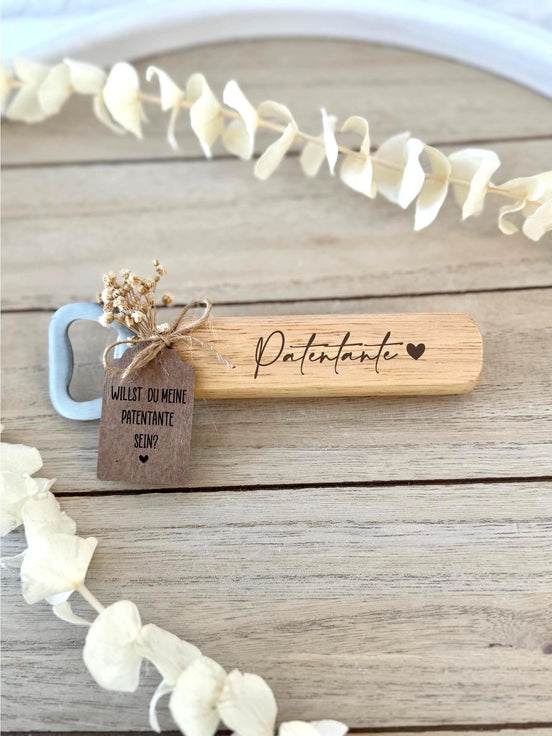 Holz Flaschenöffner Patentante oder Patenonkel – Willst du meine Patentante sein? – Personalisiertes Geschenk zur Patenschaft & Taufe