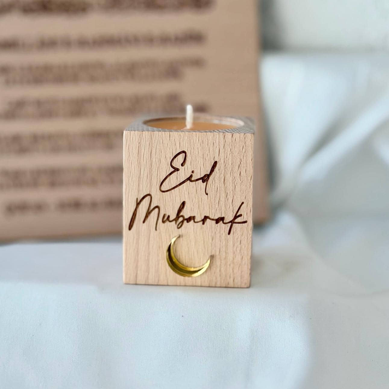 Eid Mubarak Teelichthalter aus Holz – Ramadan & Eid Tischdeko mit Halbmond – Islamische Deko für Iftar, Geschenkidee, Bayram, Bajram,