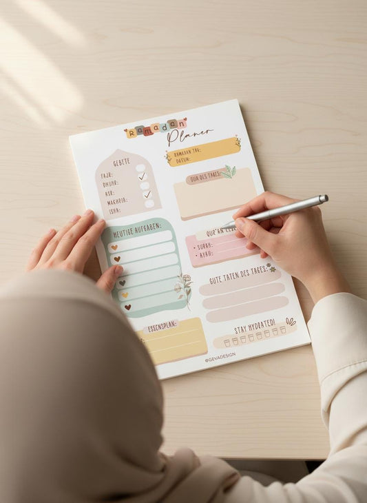Ramadan Planer A5 Block deutsch – 50 Seiten Gebet & Qurʾan Tracker – Ramadan Tagesplaner für Fasten, Iftar, Achtsamkeit, Ramadan To do List